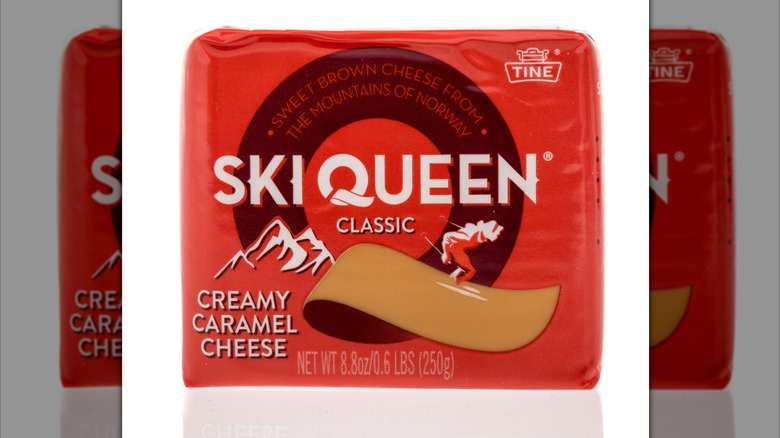 Closeup of package of Gjetost cheese