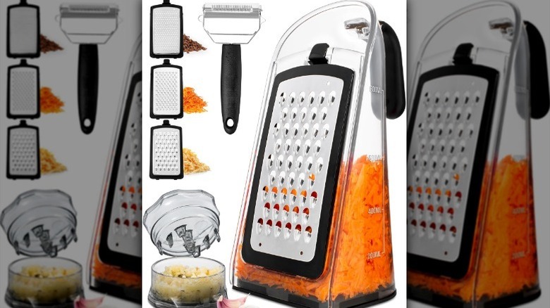 Grater, peeler, and garlic press on white background