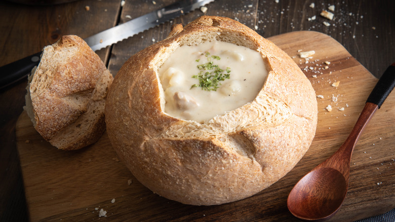 Clam chowder served in a sourdough bread bowl