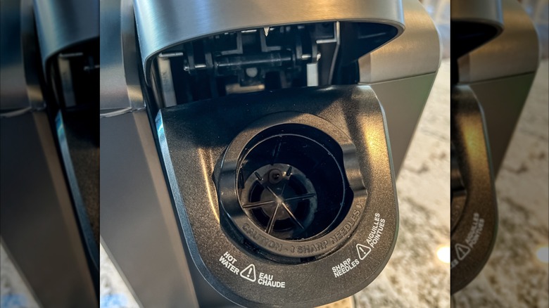 Open Keurig lid, K-Cup pod chamber visible