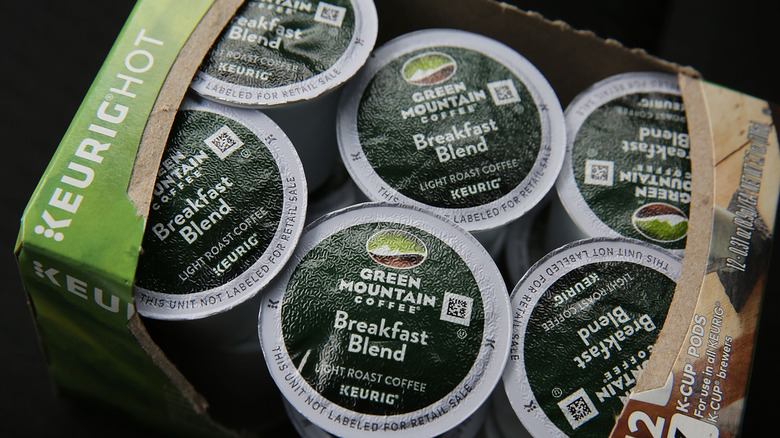 Close-up of Green Mountain Coffee breakfast blend K-Cup pods in open box