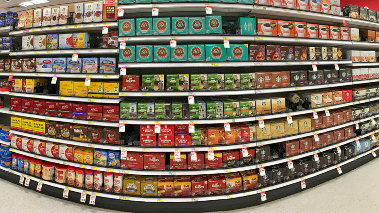 Grocery store shelves full of K-Cup pods