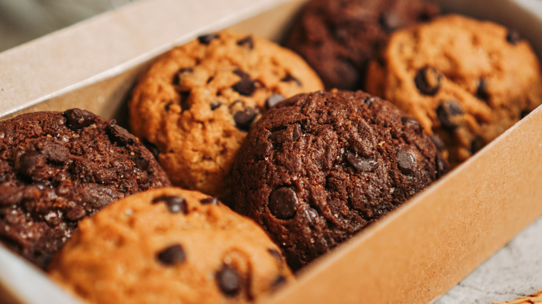 A closeup of several cookies in a box