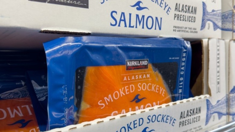 Packaged Kirkland Smoked Sockeye Salmon in a crate