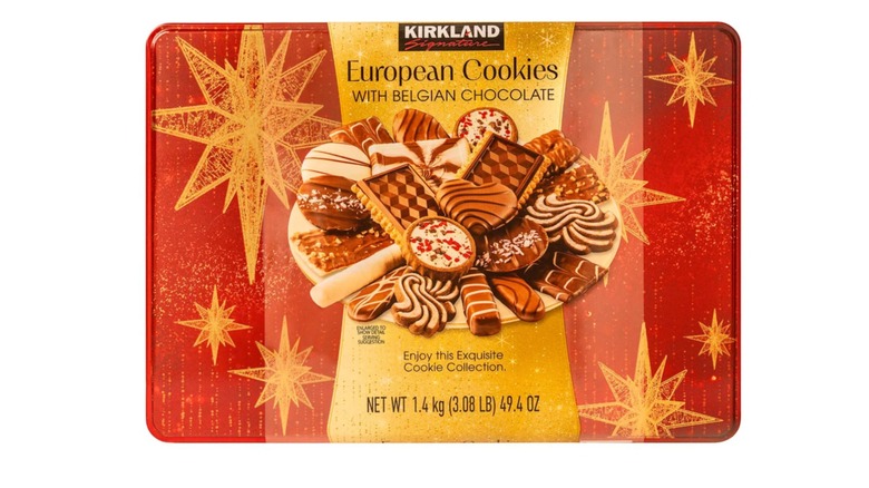Tin of Kirkland Signature European Cookies With Belgian Chocolate against white background.