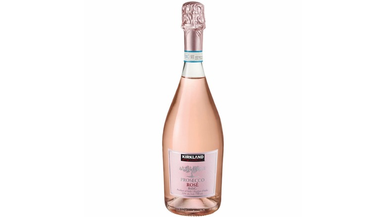 Bottle of Kirkland Signature Prosecco Rose Wine against white background.