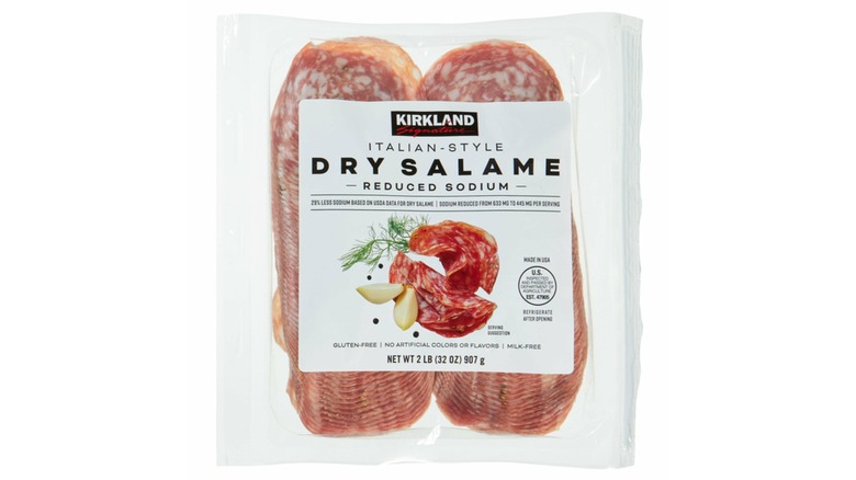Package of Kirkland Signature Reduced Sodium Dry Salame against white background.