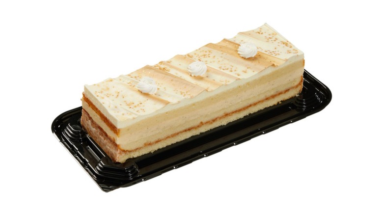 Kirkland Signature Vanilla Creme Brulee Bar Cake against white background.