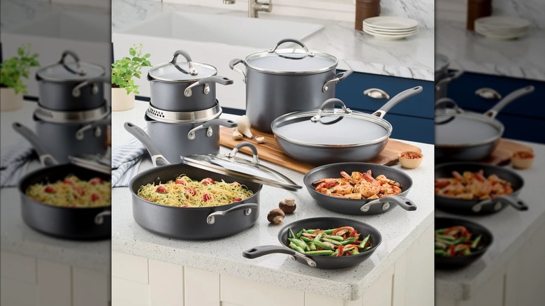 A 12 piece set of nonstick cookware on display, some with food in them
