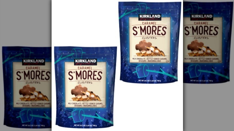 Two pack of caramel s'mores clusters on white background