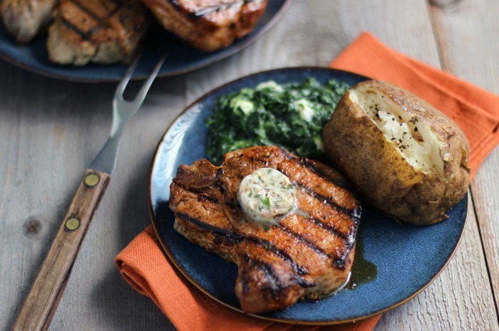 Dry Rubbed Porterhouse Pork Chops with Steakhouse Butter