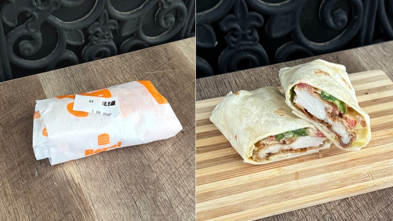 Burger King Honey Mustard Royal Crispy Wrap, in its packaging and sliced in half to show the filling