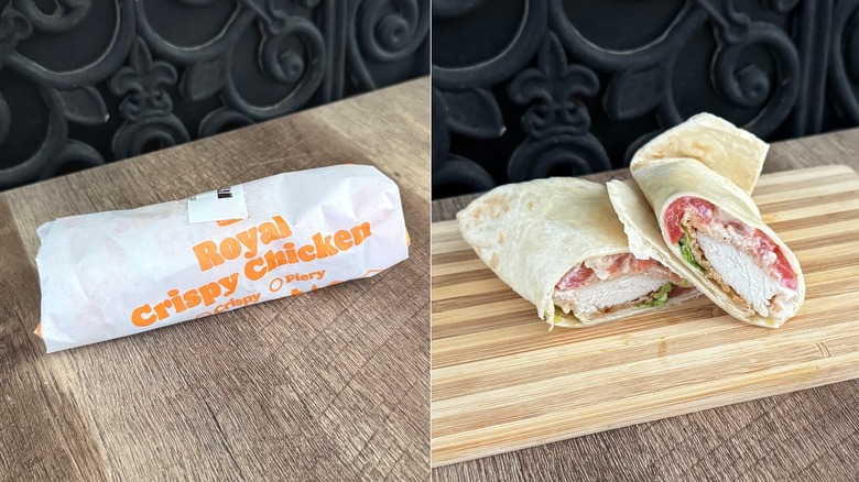 Burger King Royal Crispy Wrap, in its packaging and sliced in half to show the filling