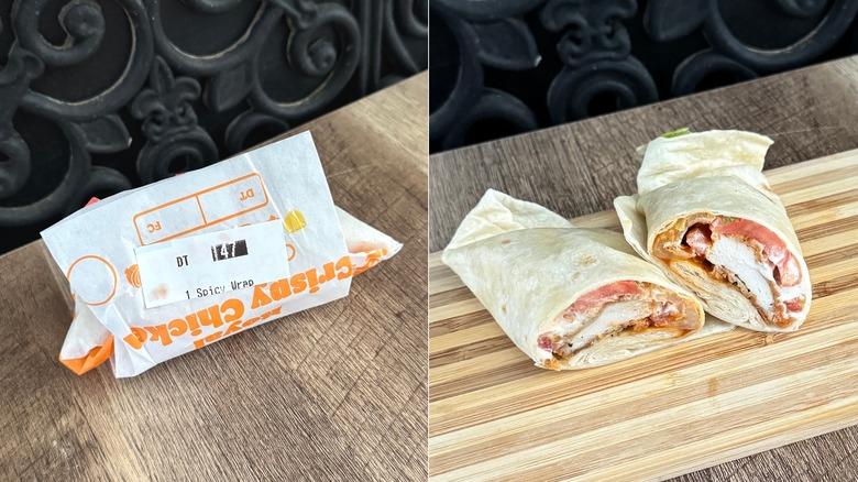 Burger King Spicy Royal Crispy Wrap, in its packaging and sliced in half to show the filling