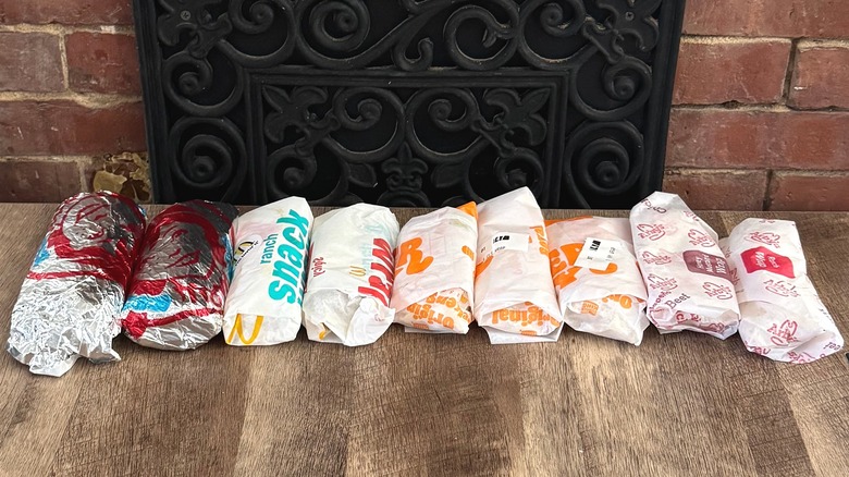 Fast food snack wraps, all wrapped in their packaging