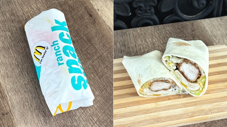 McDonald's Ranch Wrap, in its packaging and sliced in half to show the filling