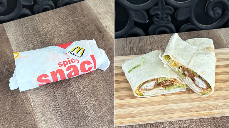 McDonald's Spicy Snack Wrap, in its packaging and sliced in half to show the filling