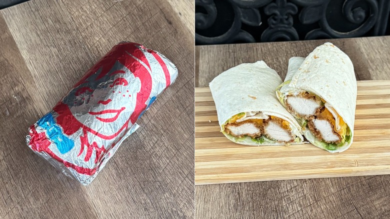 Wendy's Chicken Tenders Ranch Wrap, in its packaging and sliced in half to show the filling