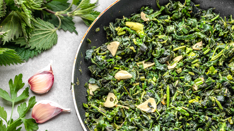 Frying pan of nettles cooked with garlic and spices with fresh ingredients nearby