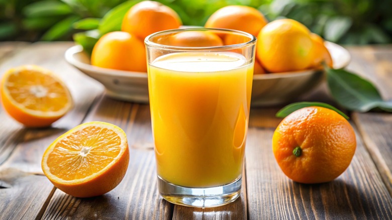 Glass of orange juice surrounded by cut and whole oranges