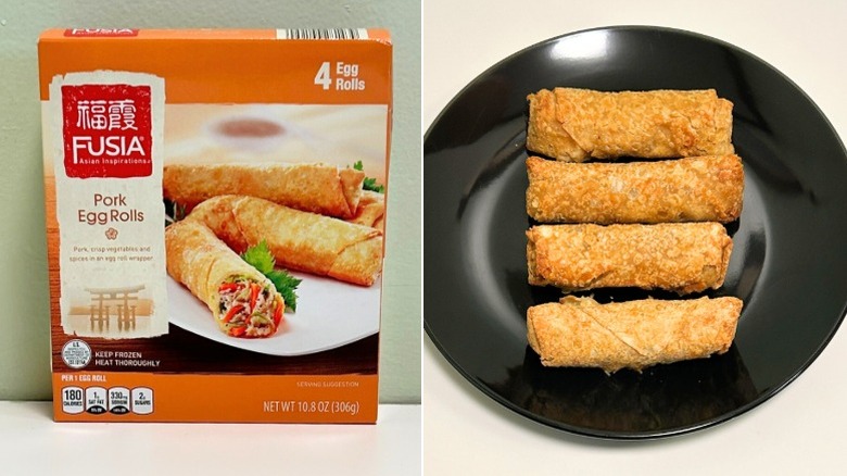A box of Fusia Pork Egg Rolls next to a black plate of egg rolls