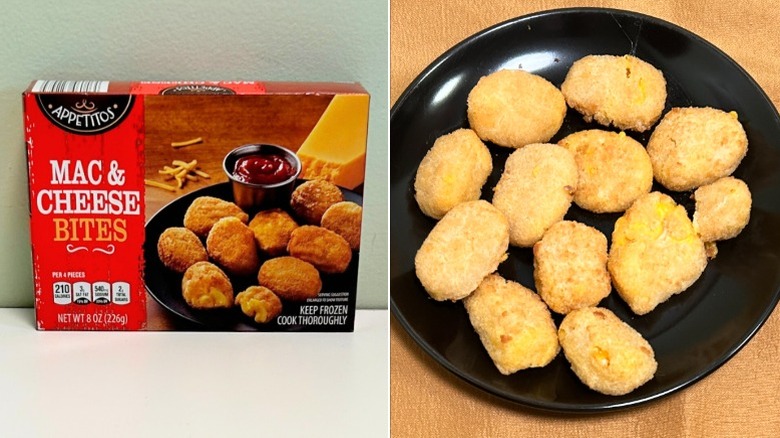 A box of Appetitos Mac and Cheese Bites next to a black plate of mac and cheese bites