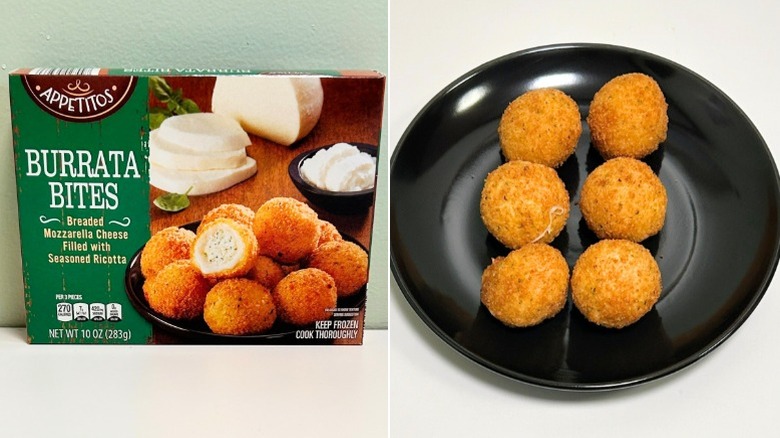 A box of Appetitos Burrata Bites next to a black plate of burrata bites
