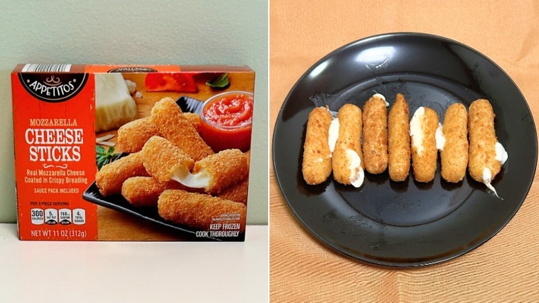 A box of Appetitos Mozzarella Cheese Sticks next to a black plate of cheese sticks