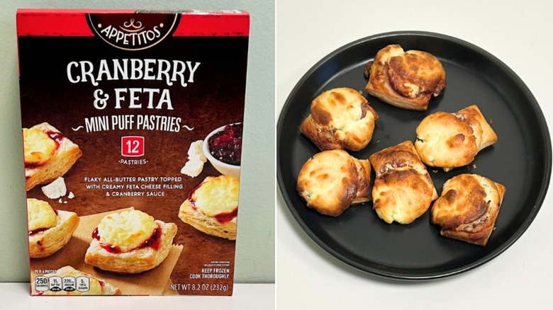A box of Appetitos Cranberry and Feta Mini Puff Pastries next to a black plate of puff pastries