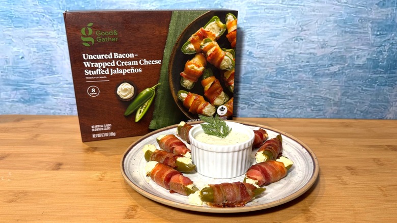 Plate of jalapeño poppers and Good & Gather box