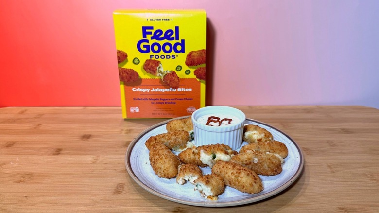 Plate of Feel Good jalapeño poppers and product box