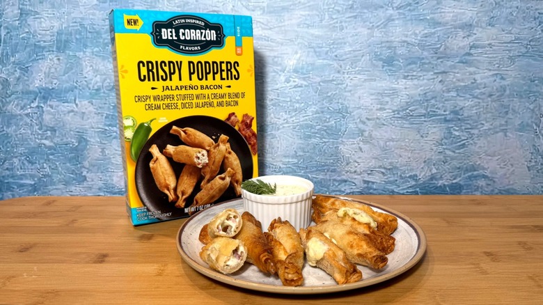Plate of jalapeño poppers and Del Corazón box