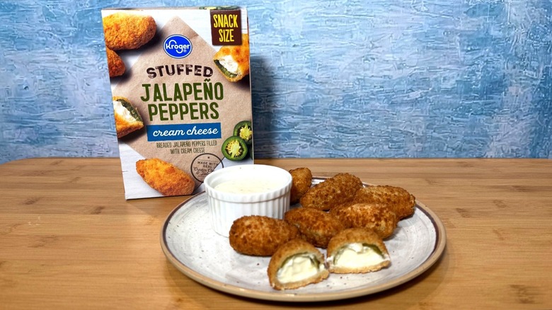 Plate of jalapeño poppers and Kroger box