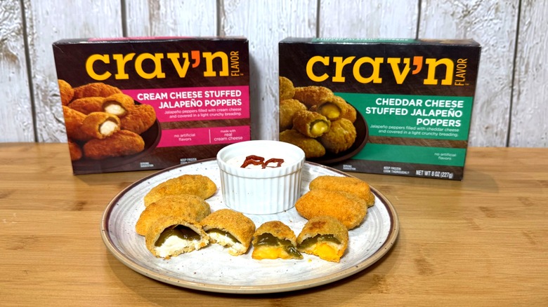 Plate and two boxes of Crav'n Flavor jalapeño poppers