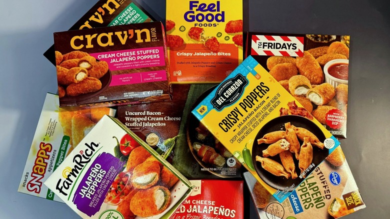 Pile of various frozen jalapeño popper boxes
