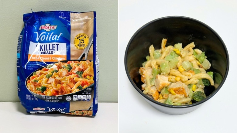 A bag of Birds Eye Voila Skillet Meals Three Cheese Chicken next to a bowl of chicken pasta
