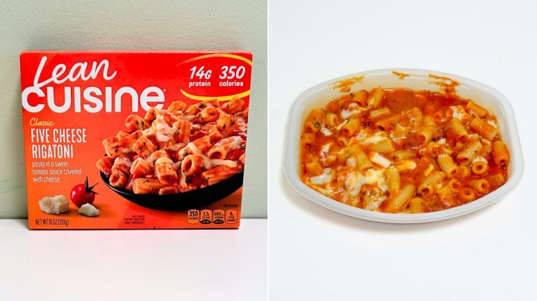 A box of Lean Cuisine Classic Five Cheese Rigatoni next to a bowl of rigatoni