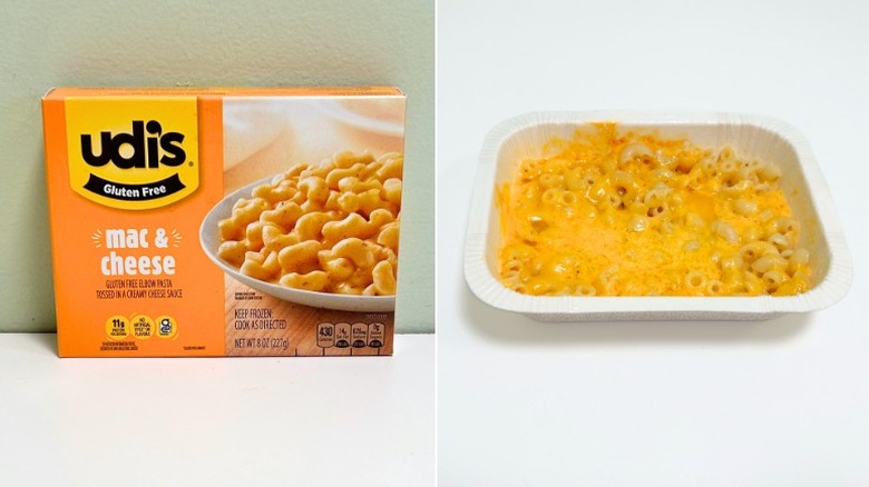 A box of Udi's Gluten Free Mac and Cheese next to a container of mac and cheese