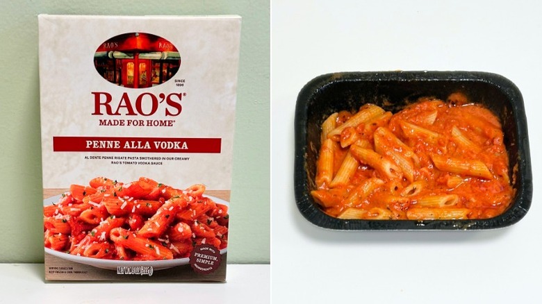 A box of Rao's Made For Home Penne Alla Vodka next to a container of penne alla vodka