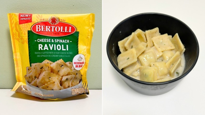 A bag of Bertolli Cheese and Spinach Ravioli next to a bowl of ravioli