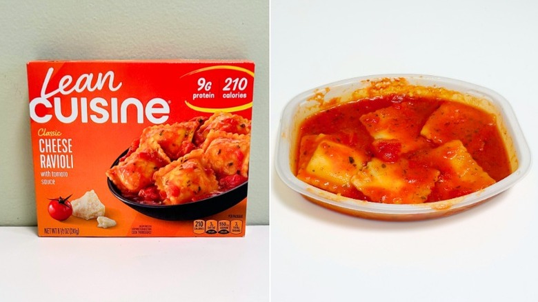A box of Lean Cuisine Classic Cheese Ravioli next to a container of ravioli