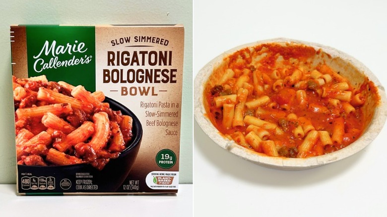 A box of Marie Callender's Slow Simmered Rigatoni Bolognese Bowl next to a bowl of rigatoni bolognese