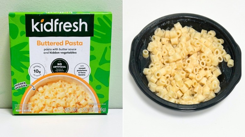 A box of Kidfresh Buttered Pasta next to a bowl of buttered pasta