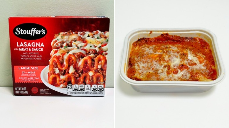 A box of Stouffer's Lasagna with Meat and Sauce next to a container of lasagna