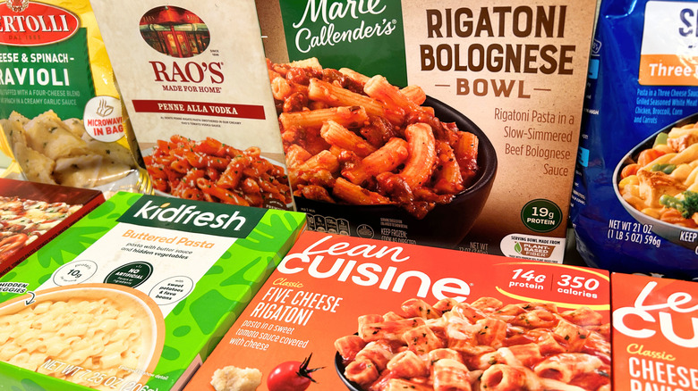 Close up of several frozen pasta options arranged together
