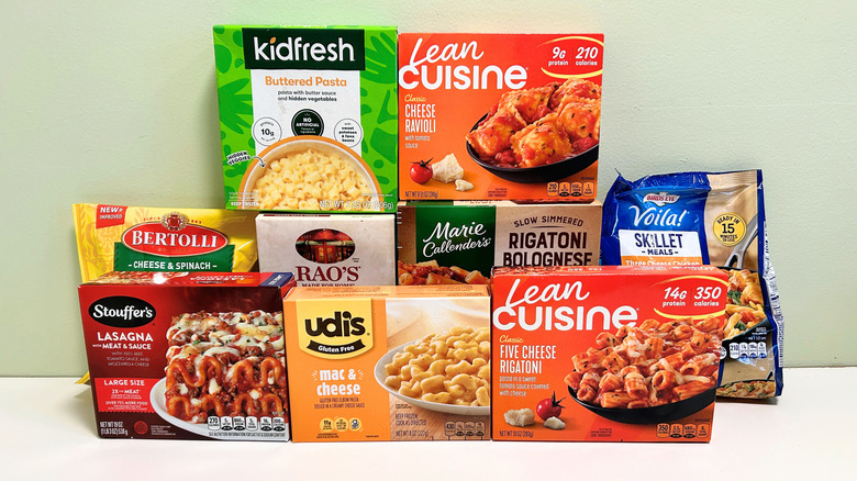 Several boxes of frozen pasta options arranged in rows