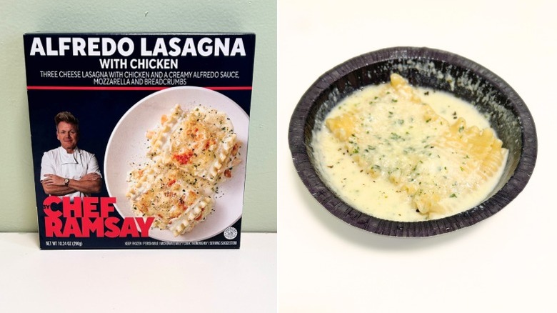 A box of Chef Ramsay Alfredo Lasagna with Chicken next to a tray of Alfredo lasagna