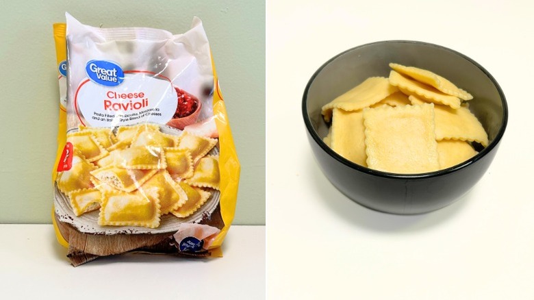 A bag of Great Value Cheese Ravioli next to a black bowl of ravioli