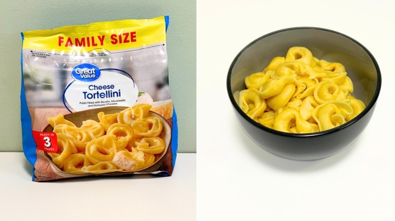 A bag of Great Value Cheese Tortellini next to a bowl of tortellini
