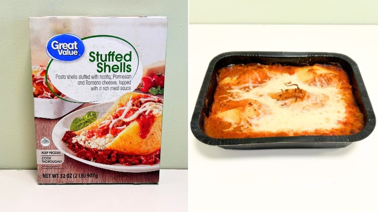 A box of Great Value Stuffed Shells next to a tray of stuffed shells in sauce